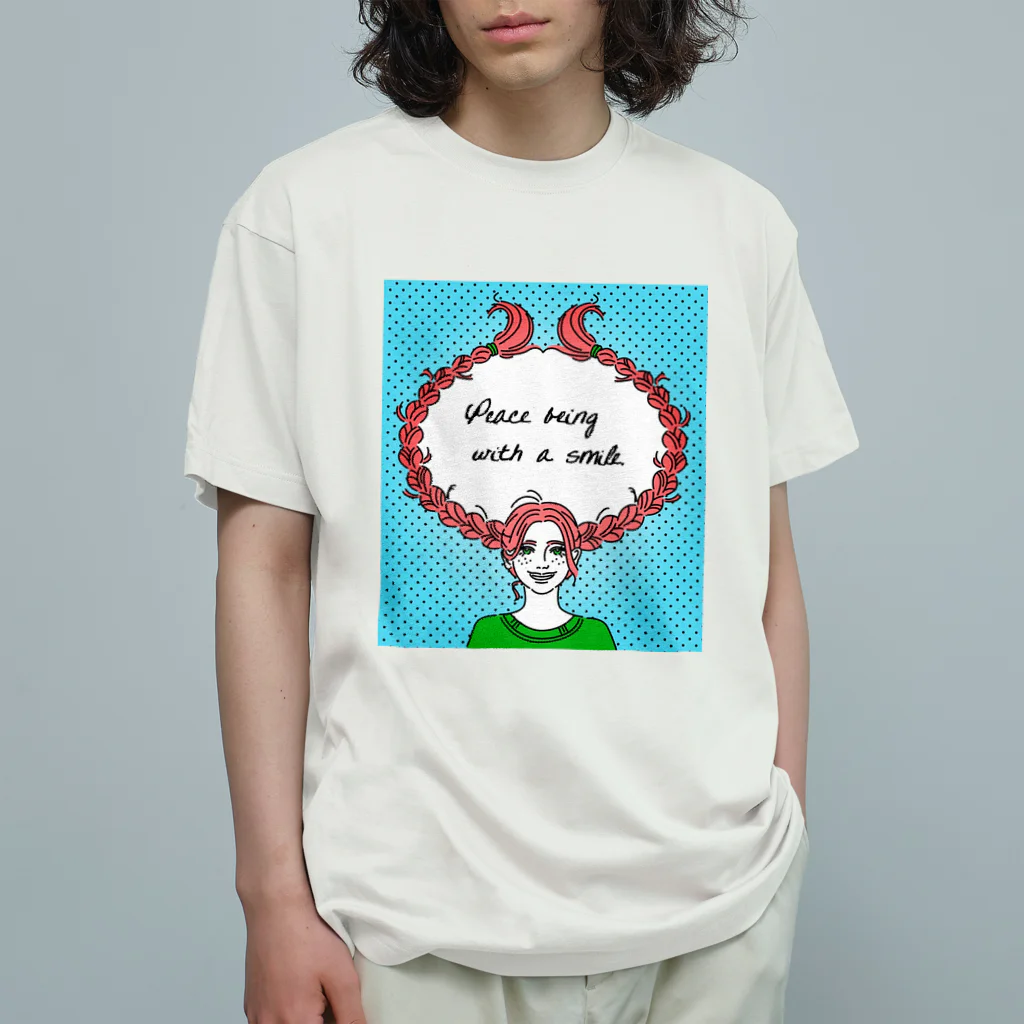 TSUKIKOU SHOP の赤毛の女の子　ブルー オーガニックコットンTシャツ