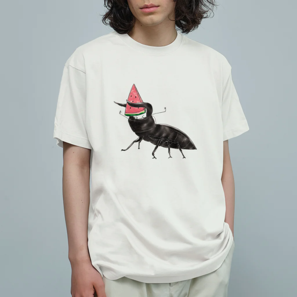 Drecome_Designのゆるいクワガタ&スイカ オーガニックコットンTシャツ