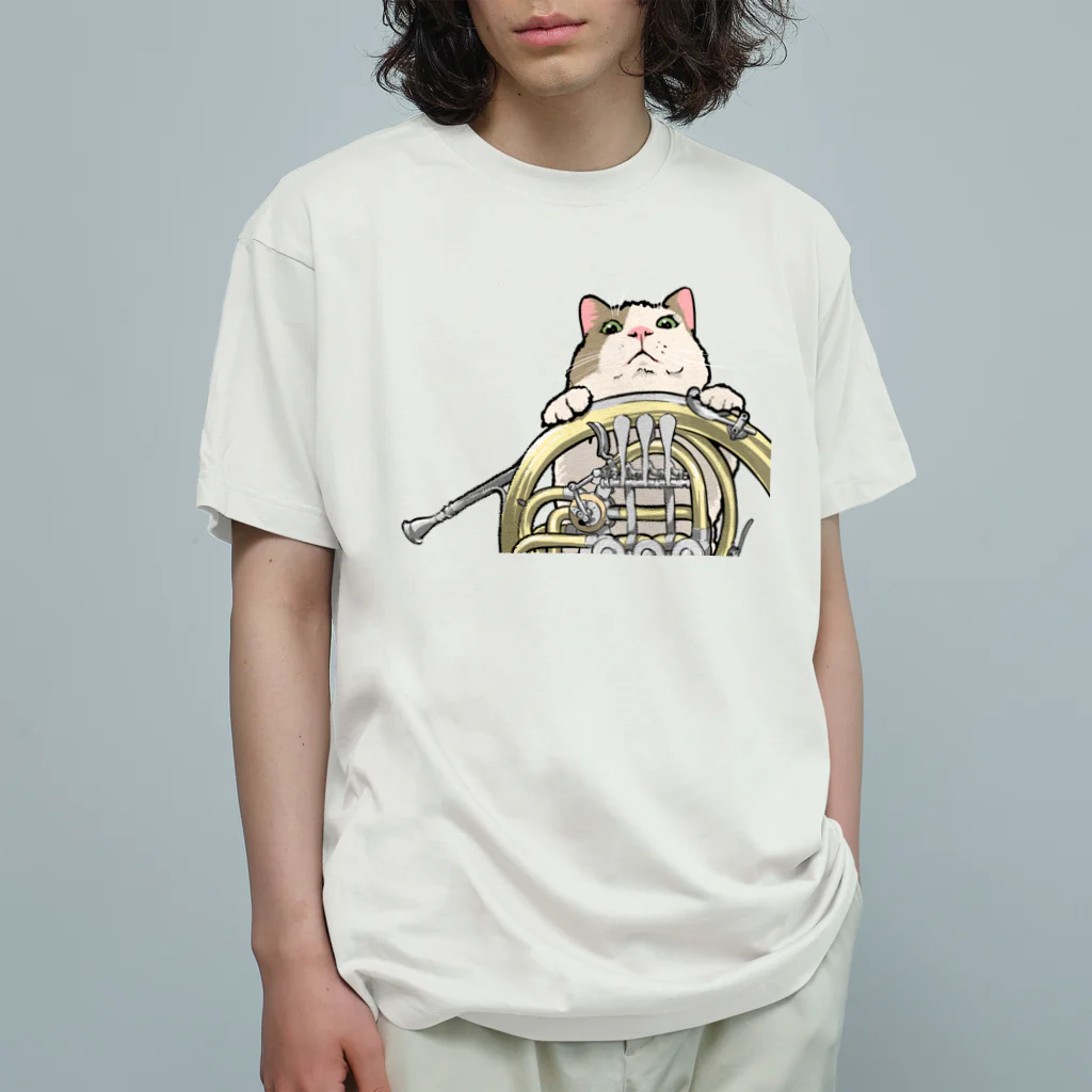 ももねこ工房（　◜◡‾）のホルンからのぞくネコ オーガニックコットンTシャツ