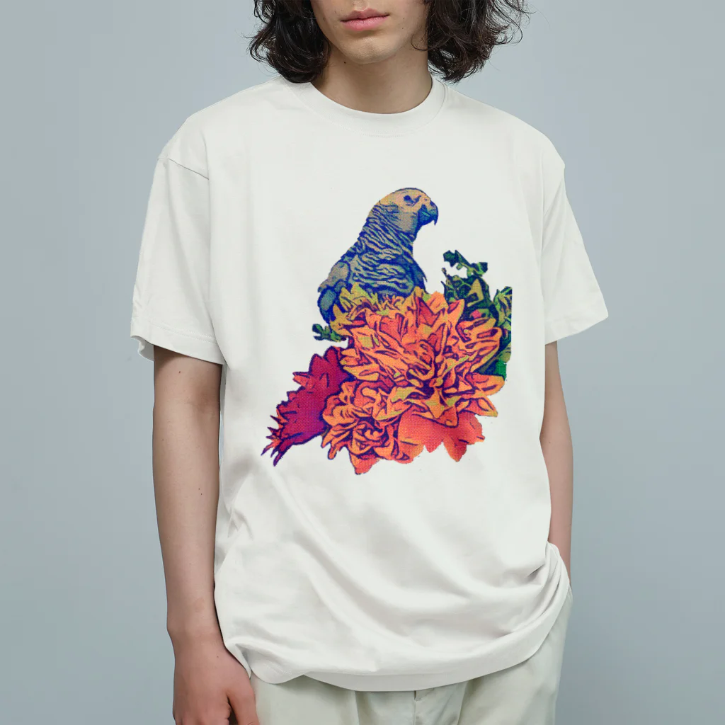 愉快なインコ達のヨウムと花 オーガニックコットンTシャツ