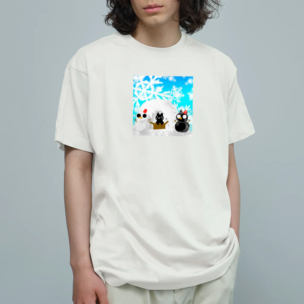 くろねこさんのくろねこさんと雪だるま オーガニックコットンTシャツ