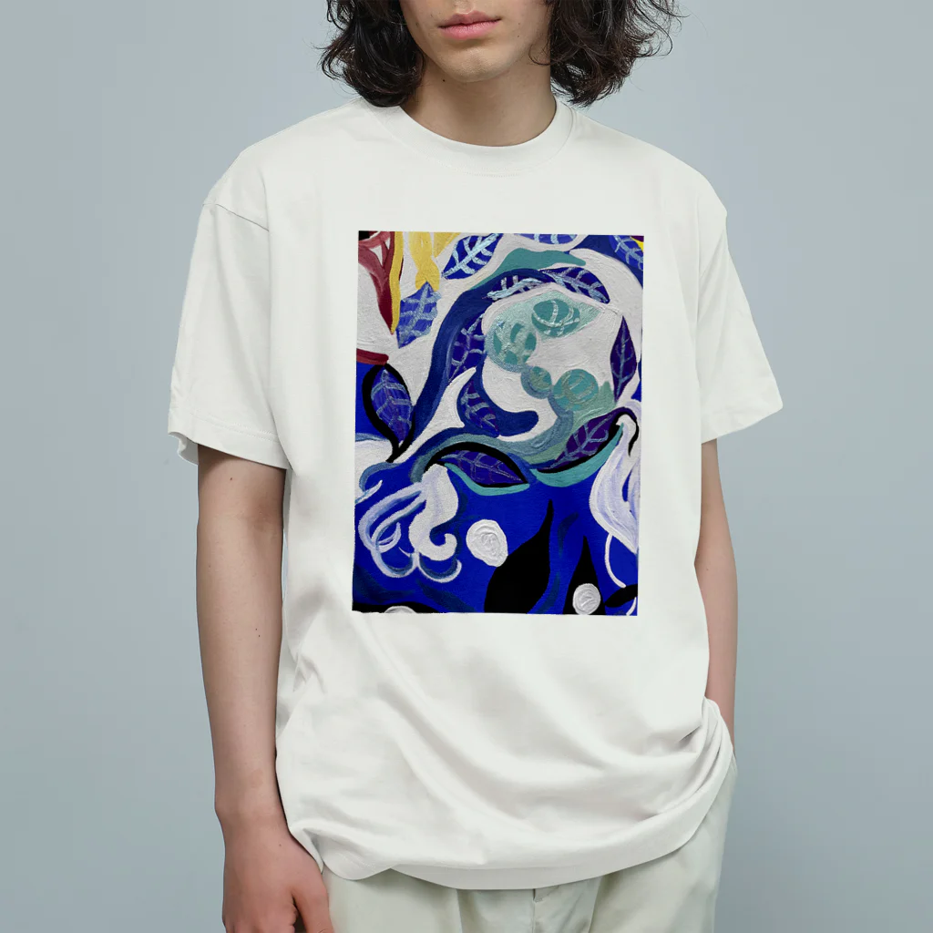 NIL の紺碧の葉魚と花❷ オーガニックコットンTシャツ