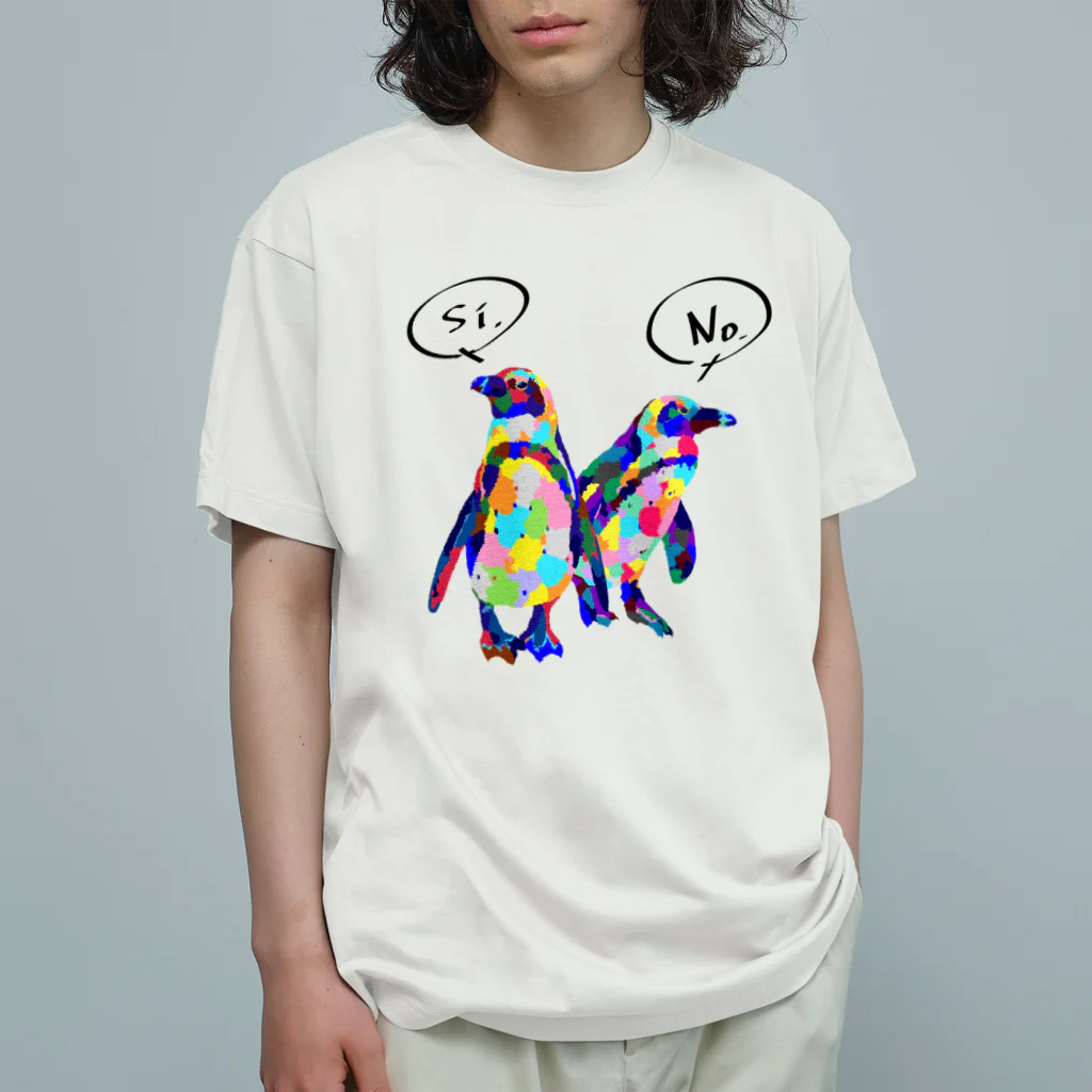 meiroのカラフルなペンギン_黒文字ver オーガニックコットンTシャツ