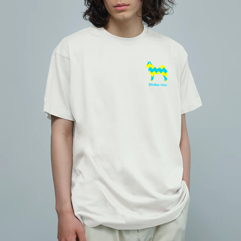 AtelierBoopのブルー＆イエロー　柴犬 オーガニックコットンTシャツ