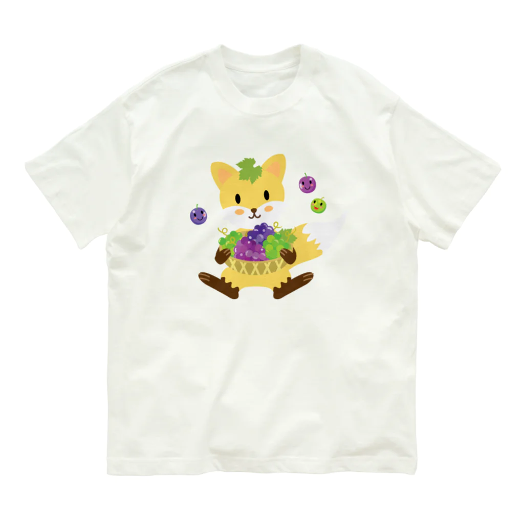 ばんぶーむーんのお店😺のかわいいキツネとブドウ オーガニックコットンTシャツ