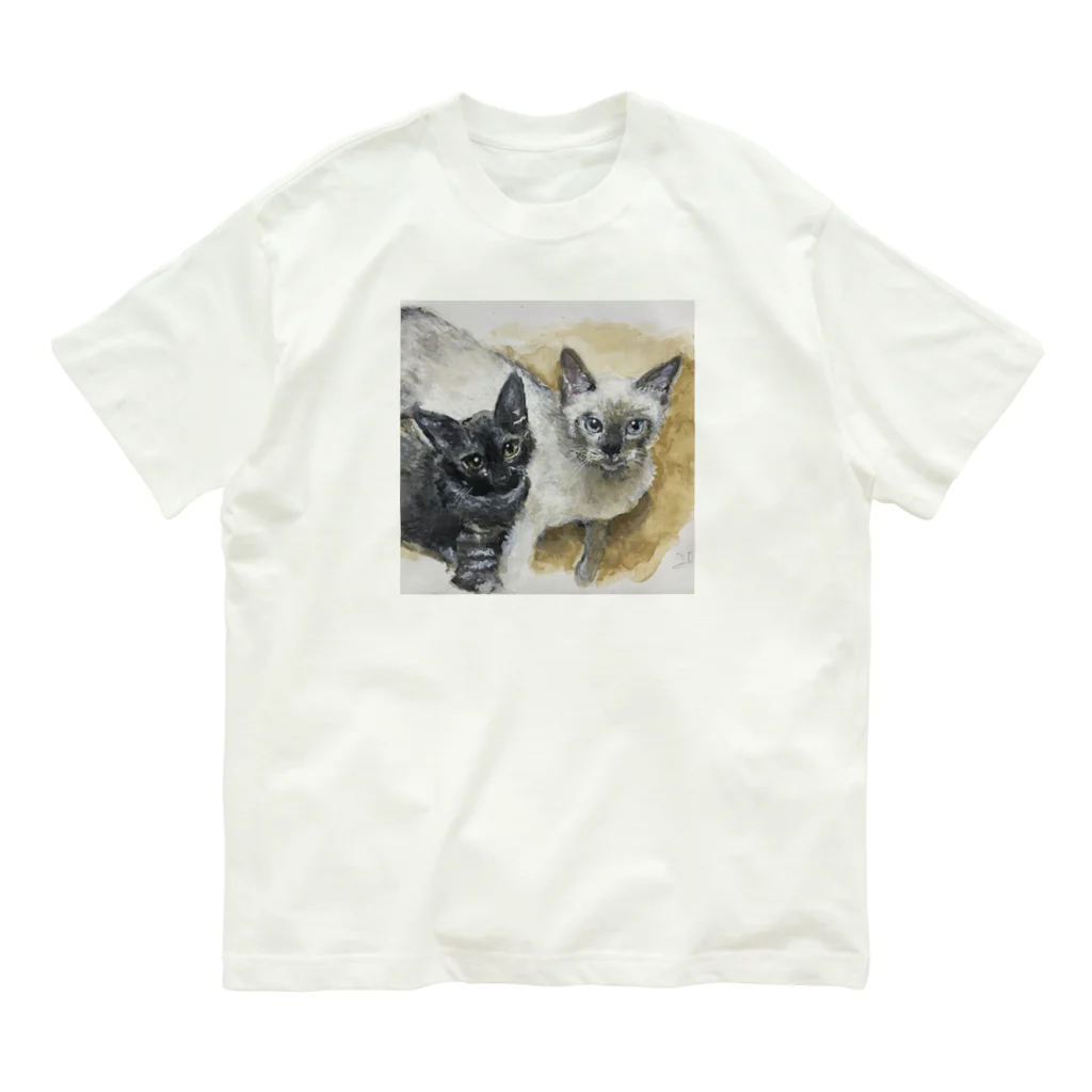 お絵描き家族の絵本屋さんのぼくらは猫兄弟　キリ　と　カゲ オーガニックコットンTシャツ