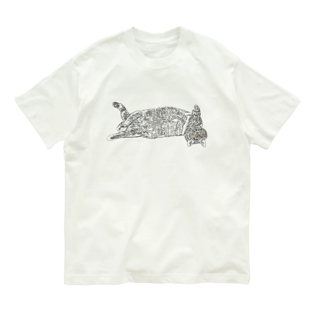 小鳥と映画館の逆さで横たわる猫ちゃん 線画 Organic Cotton T-Shirt