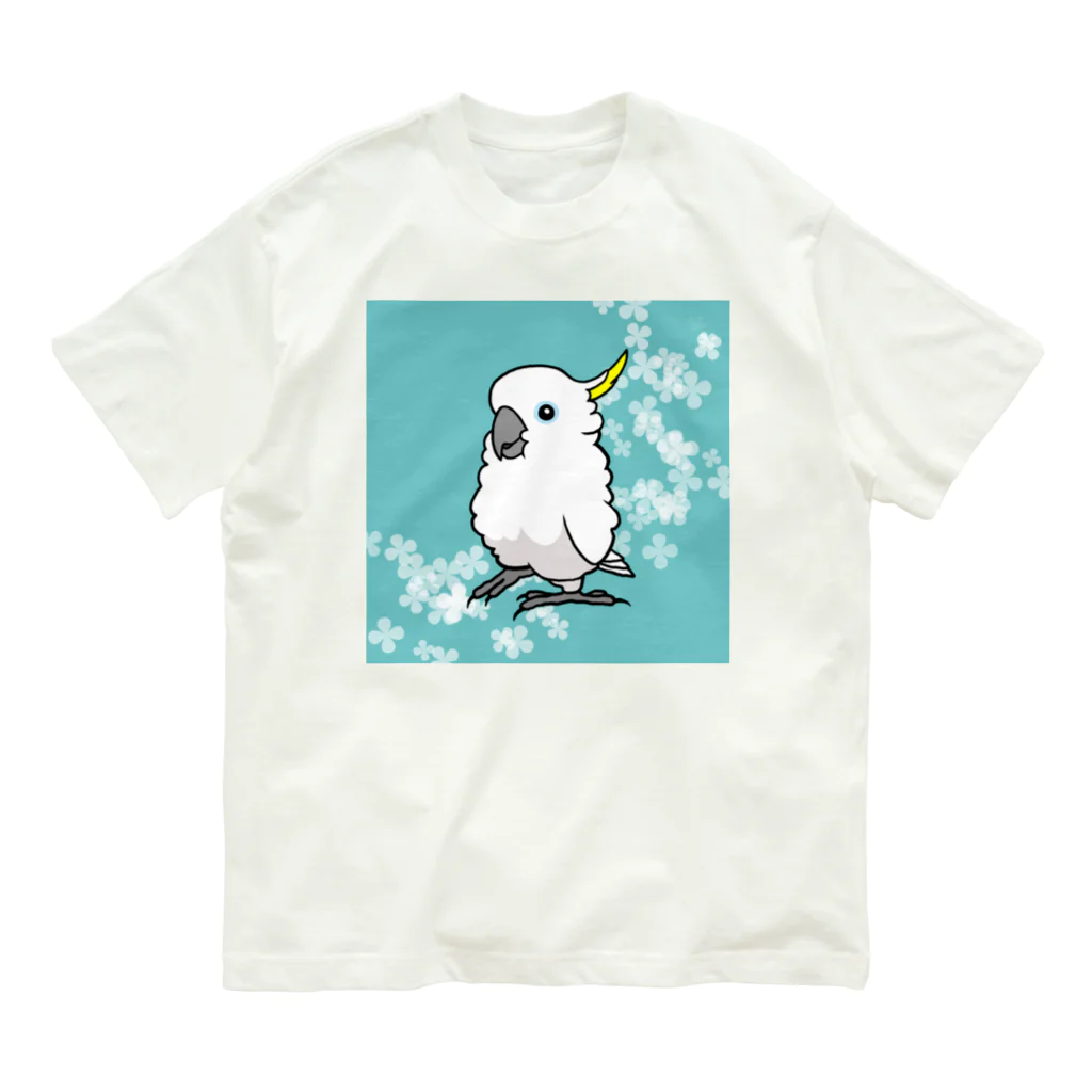 white-cockatooの花とキバタン オーガニックコットンTシャツ