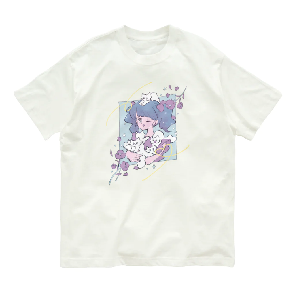 猫のあいさつのねこまみれ　ブルー Organic Cotton T-Shirt