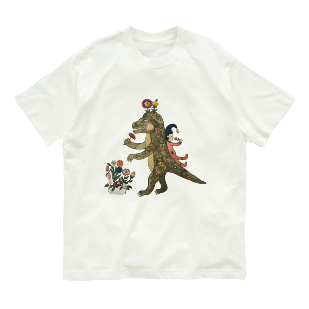 河内葉子の動物アートのグッズのお花が大好きな恐竜さんとお花の妖精 Organic Cotton T-Shirt