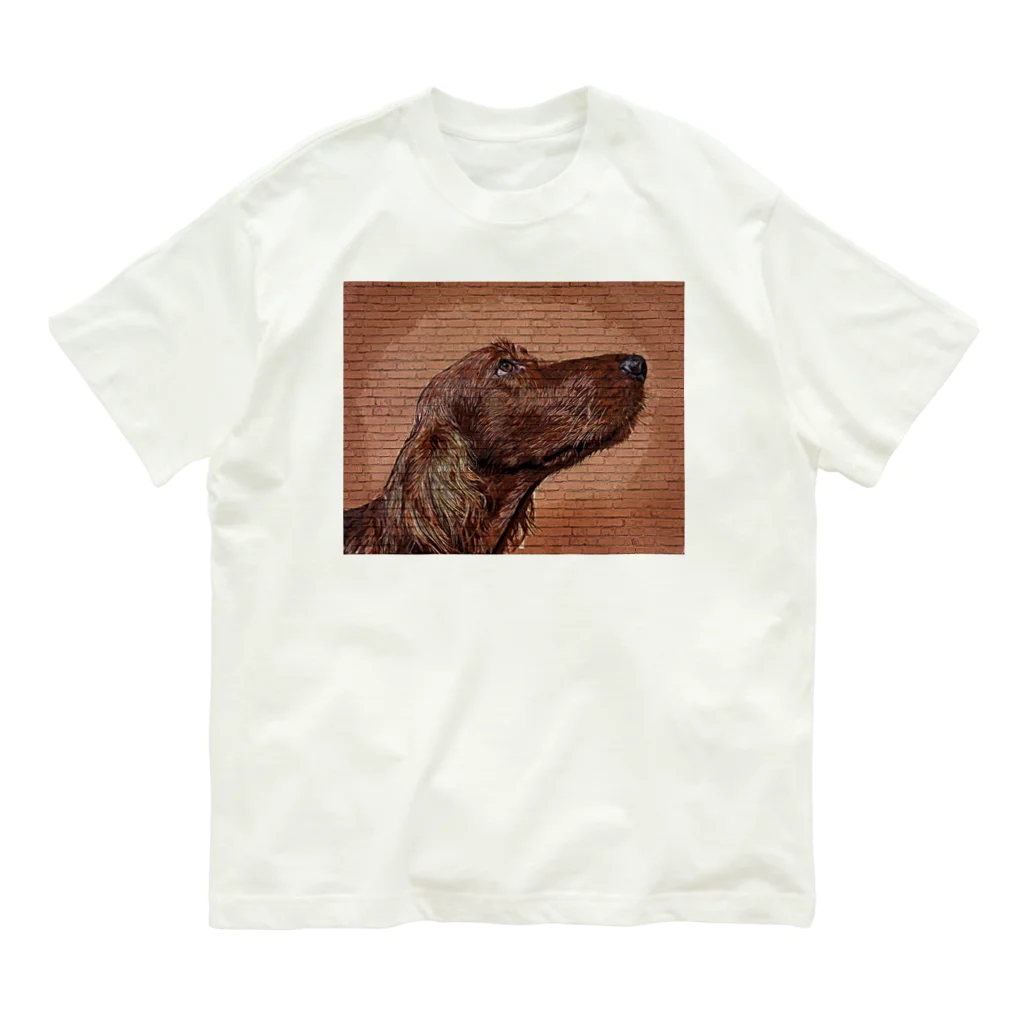 【CPPAS】Custom Pet Portrait Art Studioのアイリッシュセッタードッグ - レンガブロック背景 Organic Cotton T-Shirt