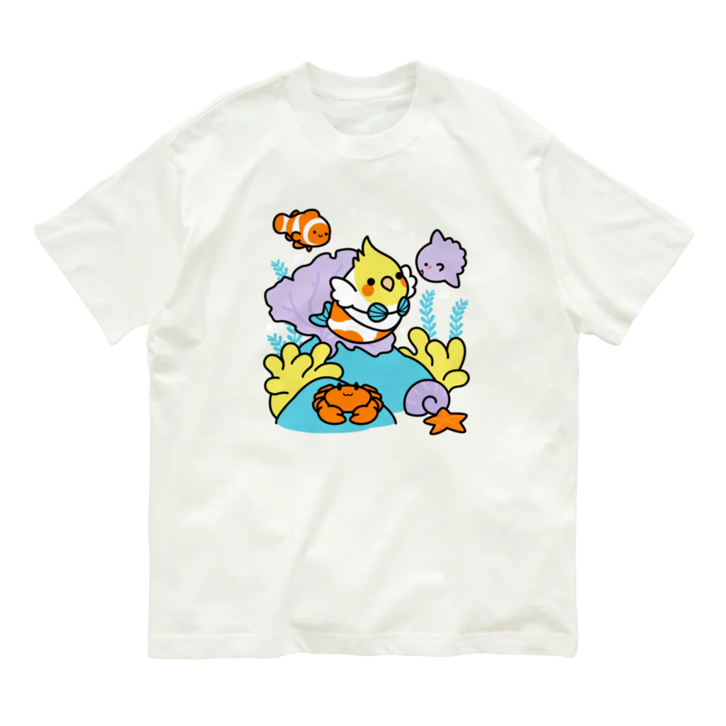 Cody the Lovebirdの（両面）オカメインコと海のお友達 & 南の島で夏休み Chubby Bird オーガニックコットンTシャツ