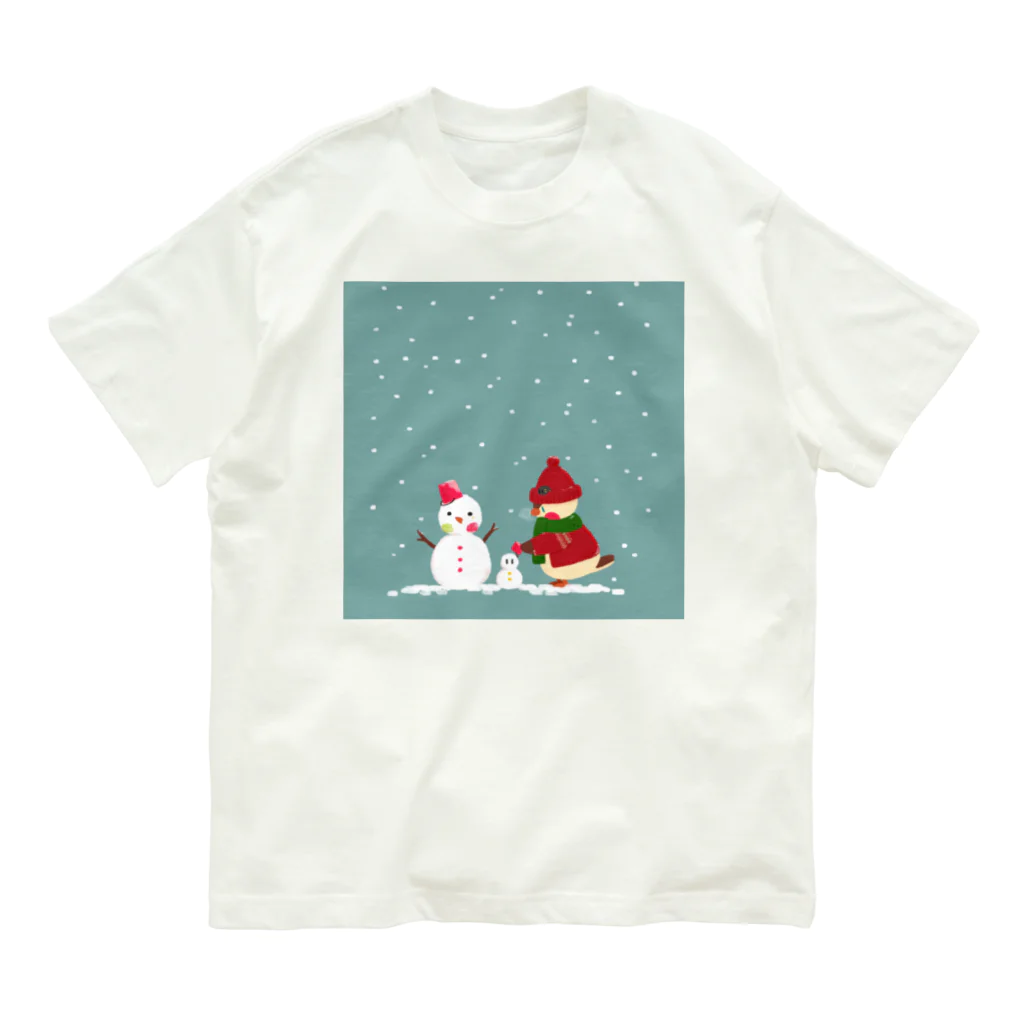 月見里 雀 -yamanashi suzume-の雪だるまと雀 オーガニックコットンTシャツ