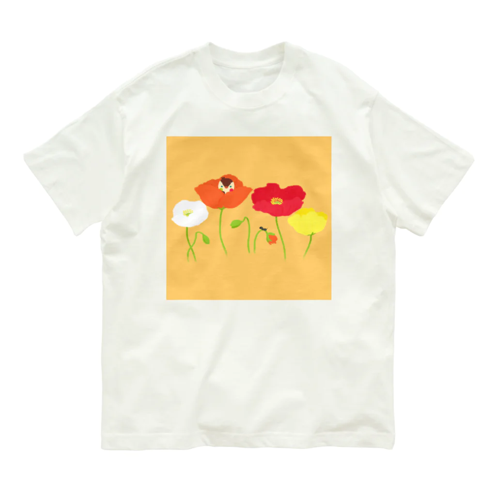 月見里 雀 -yamanashi suzume-のポピーと雀 Organic Cotton T-Shirt