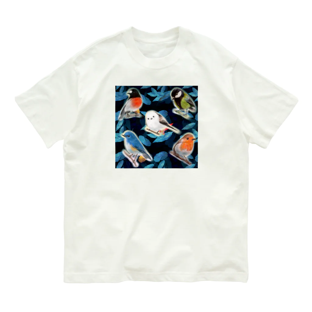 NORIMA'S SHOP の落ち葉のコラージュとかわいい野鳥たち Organic Cotton T-Shirt