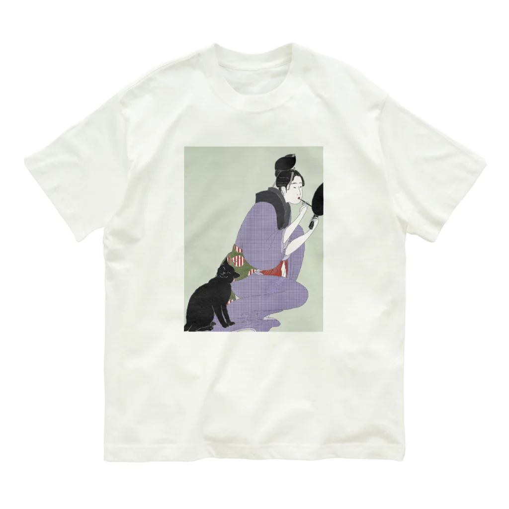 keeeeeep smilingの口紅を塗る女とスリスリする猫 Organic Cotton T-Shirt