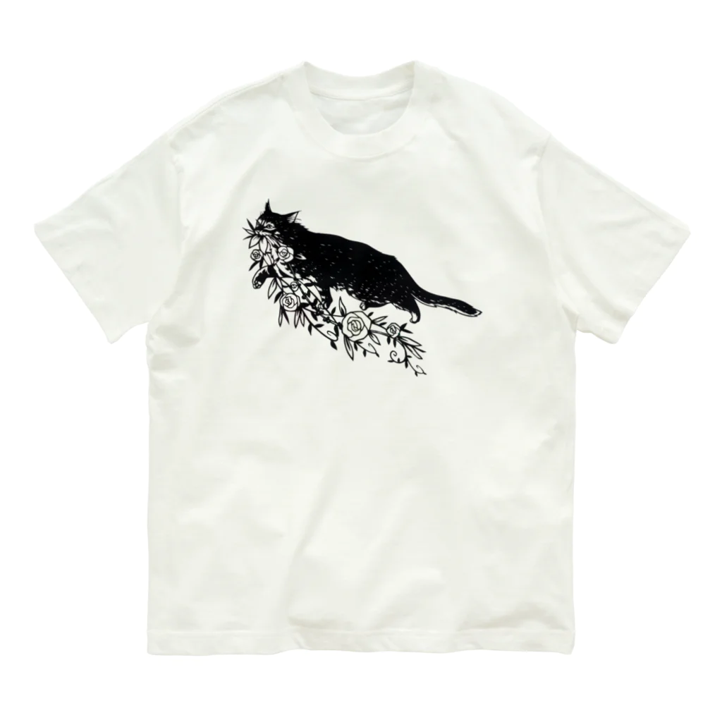 切り絵草太の花咥え猫 オーガニックコットンTシャツ