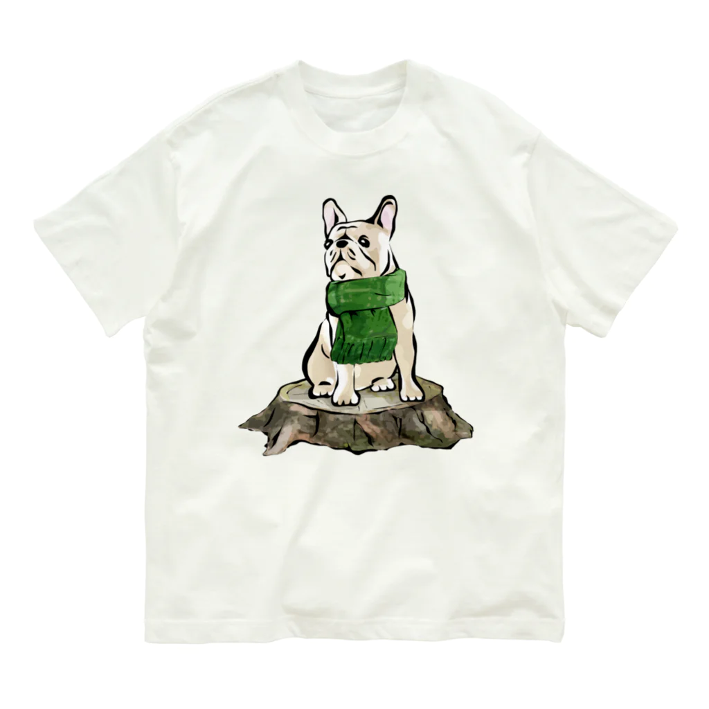 犬グッズの店しえるぶるーのマフラーを着けたフレンチブルドッグ　クリーム オーガニックコットンTシャツ