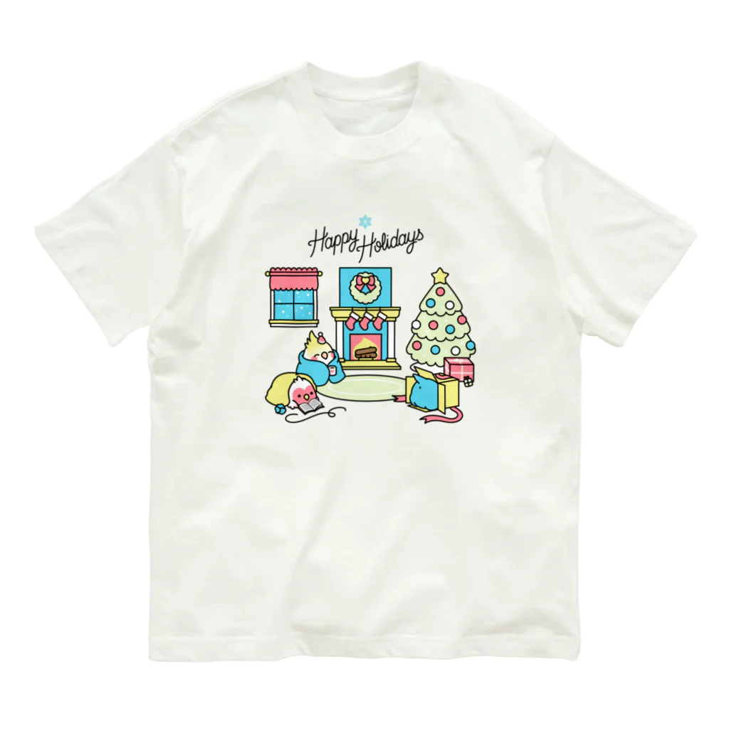 Cody the LovebirdのHappy Holidays コザクラインコ　オカメインコ Chubby Bird オーガニックコットンTシャツ