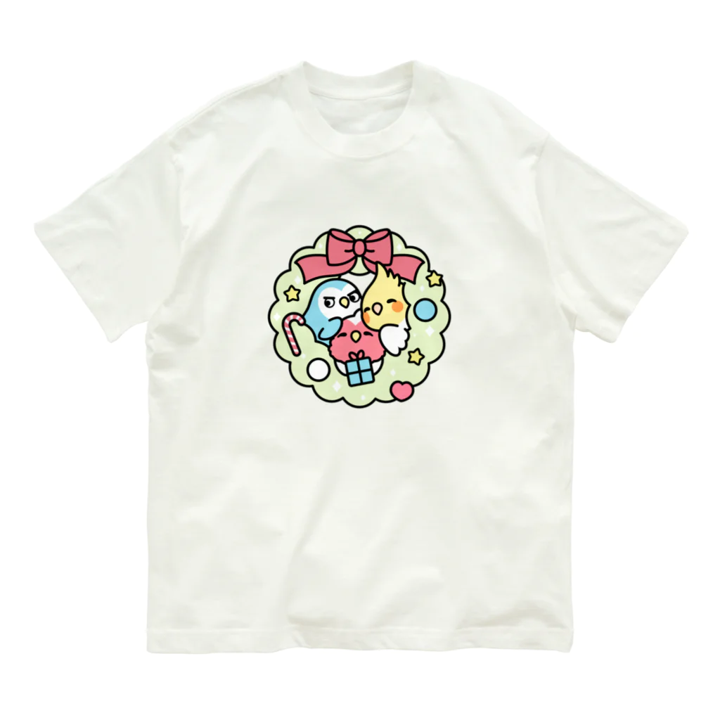 Cody the Lovebirdのクリスマスリース コザクラインコ、オカメインコ Chubby Bird オーガニックコットンTシャツ