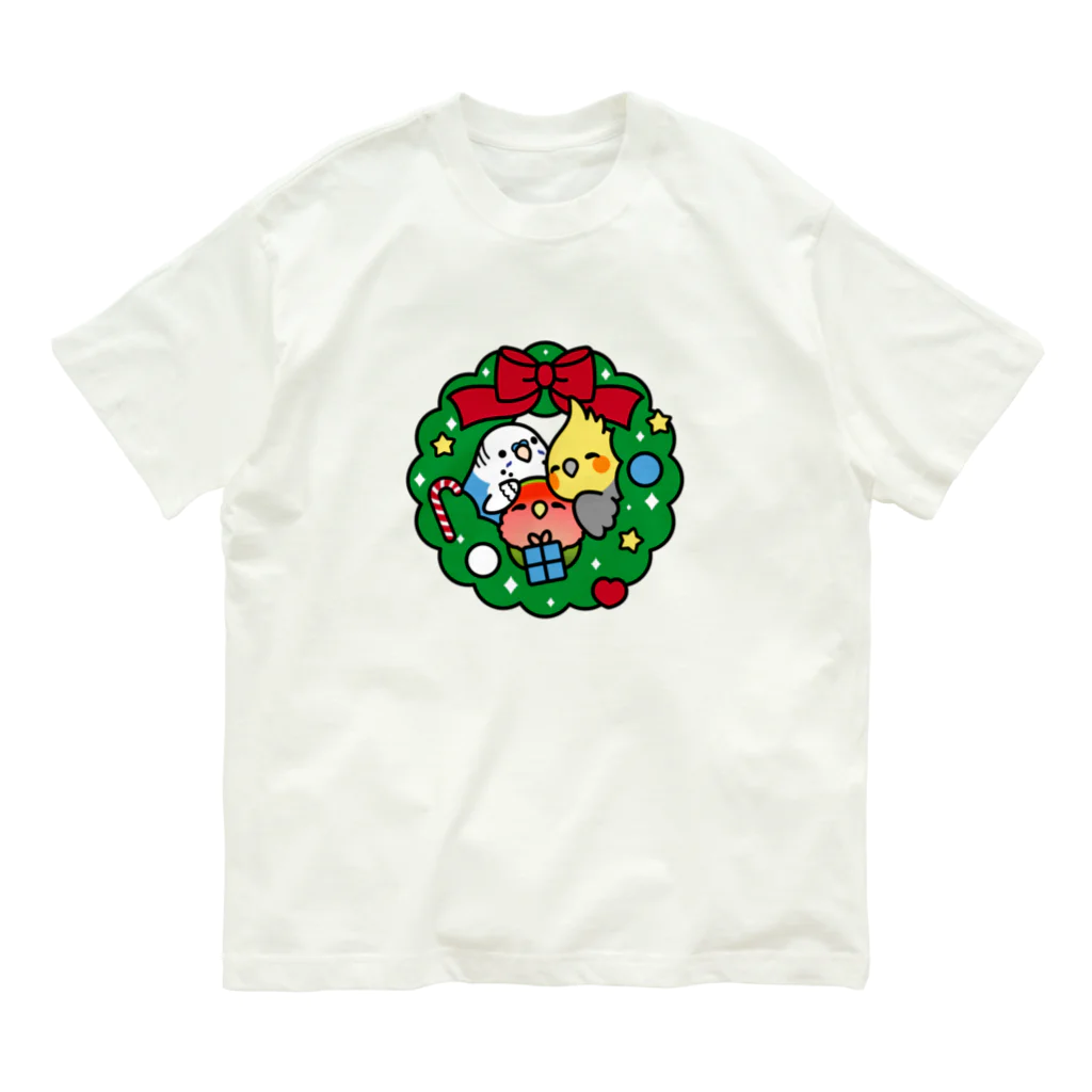 Cody the Lovebirdのクリスマスリース　セキセイインコ、オカメインコ、コザクラインコ　Chubby Bird Organic Cotton T-Shirt