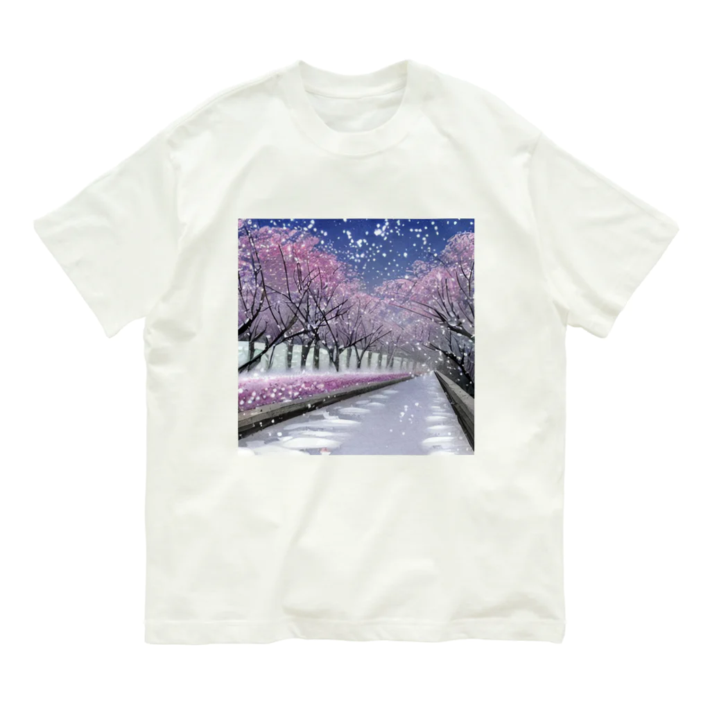 Yossy's Item Factoryの夜の桜並木に雪 Organic Cotton T-Shirt