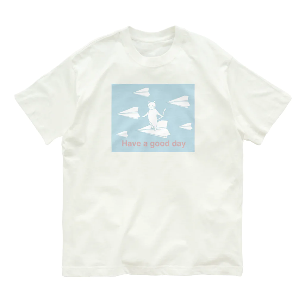 soraのHave a good day 紙飛行機に乗った猫のさぶろう オーガニックコットンTシャツ