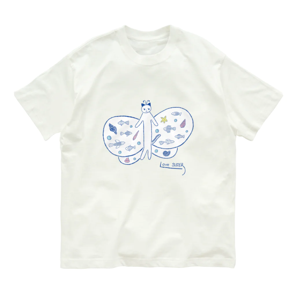 Futakawa Mayuのグッズショップのちょうちょ　ねこ　ブルー オーガニックコットンTシャツ