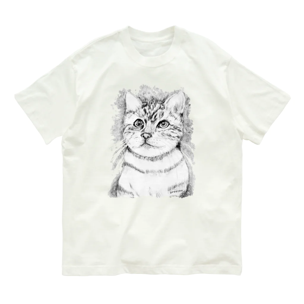 greetenのアート猫　モノクロ　 オーガニックコットンTシャツ