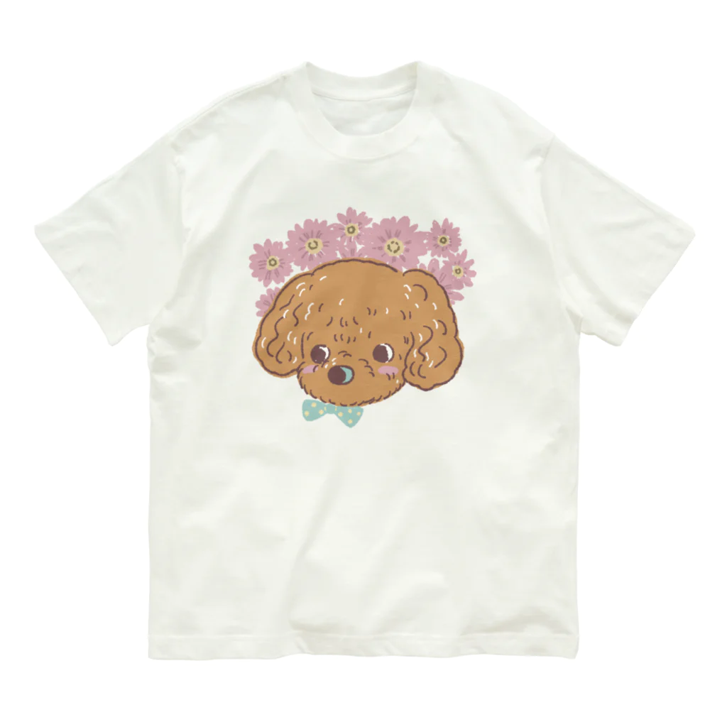 猫のきぬくんのお店のトイプーとピンクのガーベラ オーガニックコットンTシャツ