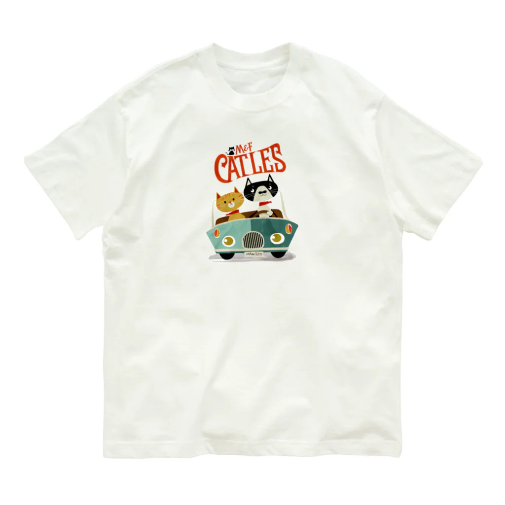 CATLESのネコ好き 猫柄 CATLES CAR DRIVE ハチワレ猫とキジトラ猫のドライブ オーガニックコットンTシャツ