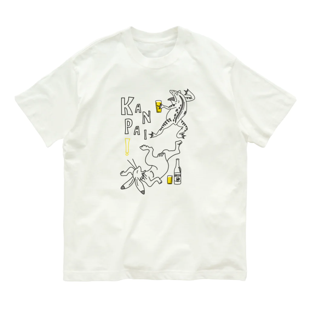 ビールとアート TM-3 Designの名画 × BEER（鳥獣戯画）ロゴ賑やかver.黒線画 Organic Cotton T-Shirt