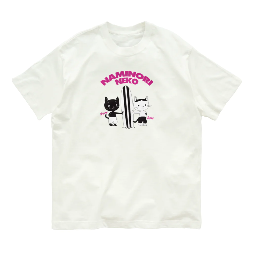 CATLESのCATLES NAMINORI NEKO 波乗り猫（ピンク文字） オーガニックコットンTシャツ