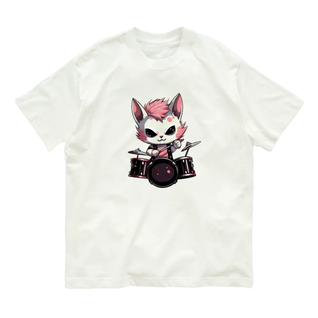 Vasetti_pressの可愛いドラマーのネコちゃん オーガニックコットンTシャツ