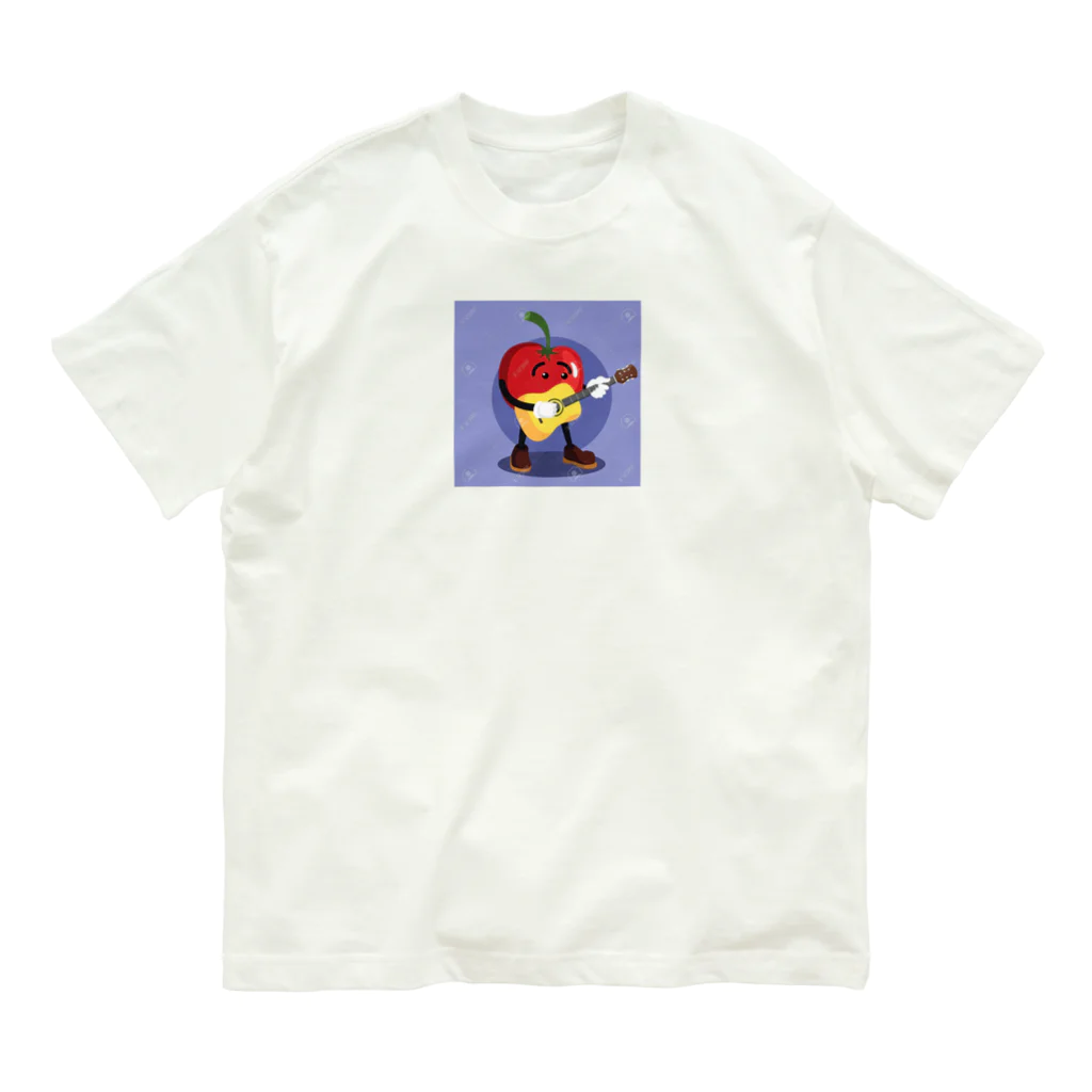 satomatoのイラストのギターを弾くトマトくん オーガニックコットンTシャツ