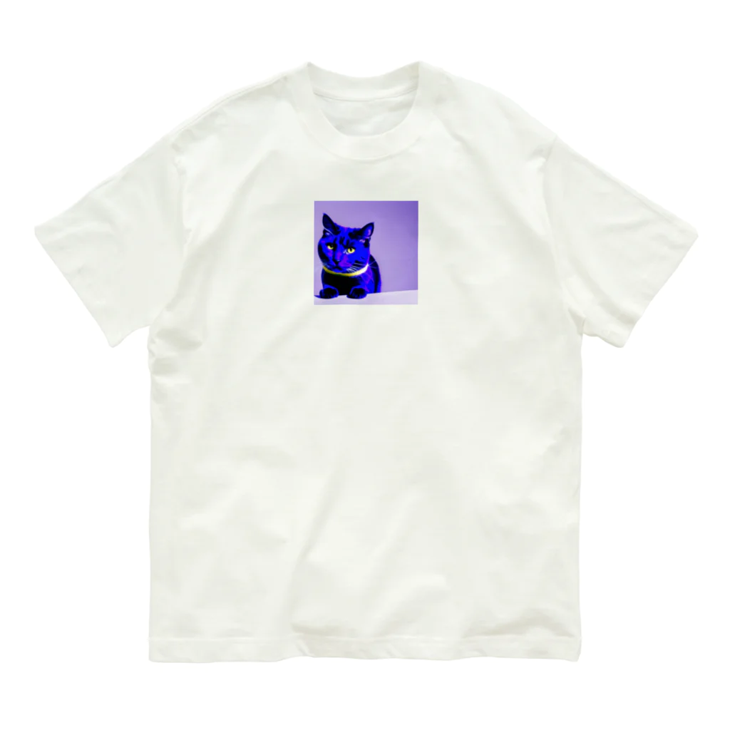 gatto solitario(物寂しげな猫)のネオンに染まった猫 オーガニックコットンTシャツ