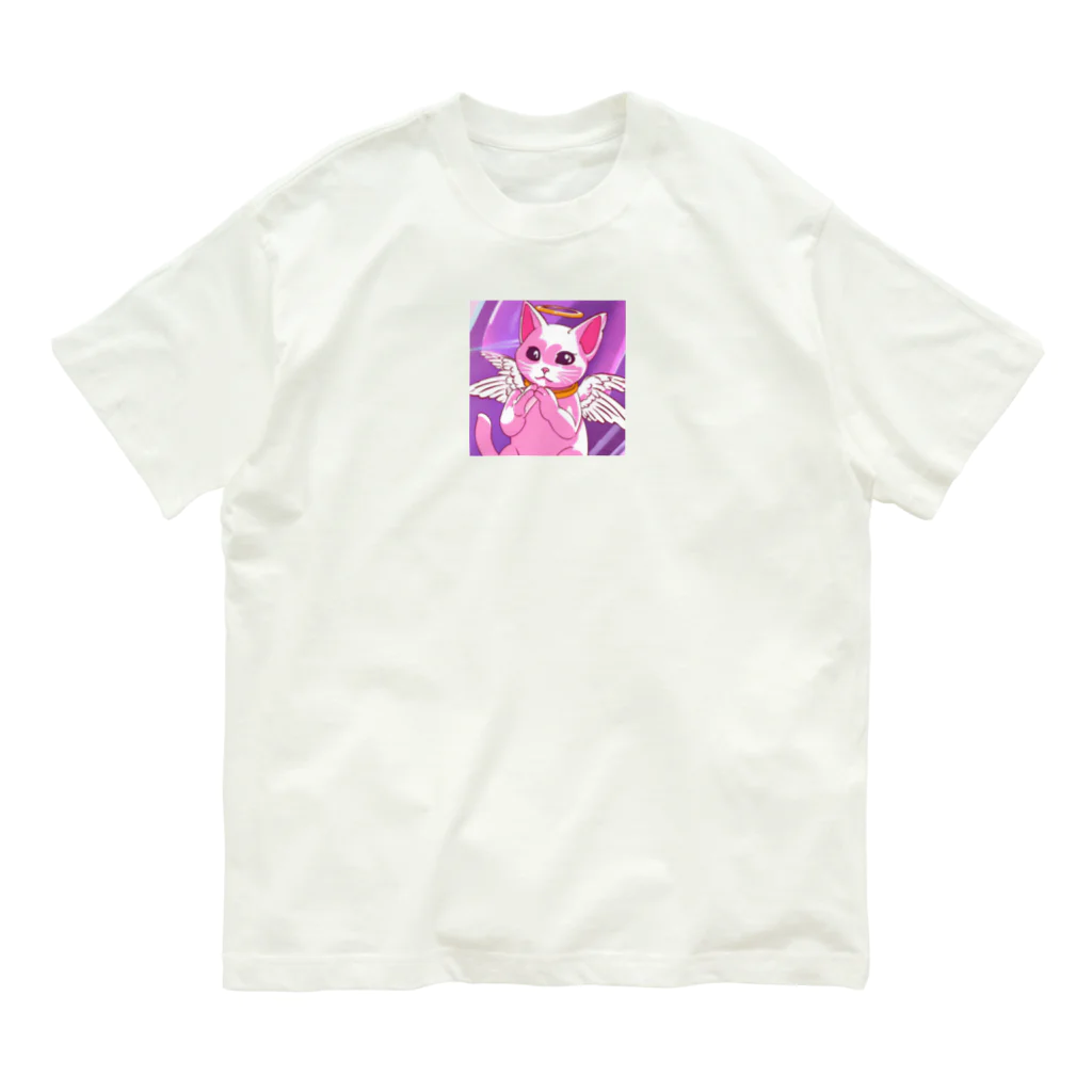 可愛い猫ちゃんの天使な猫ちゃん オーガニックコットンTシャツ