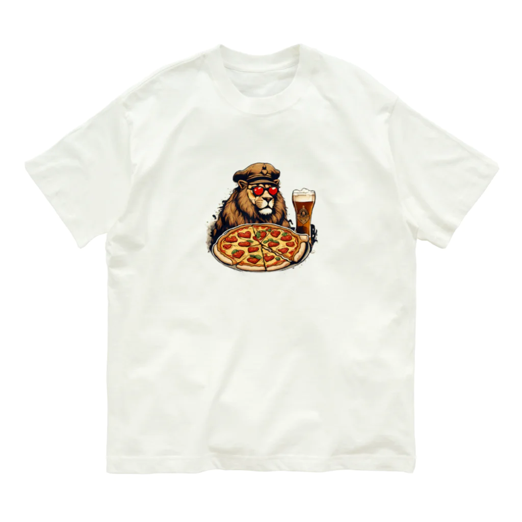 gorillArtの軍曹ライオンが愛するビールとピザ オーガニックコットンTシャツ