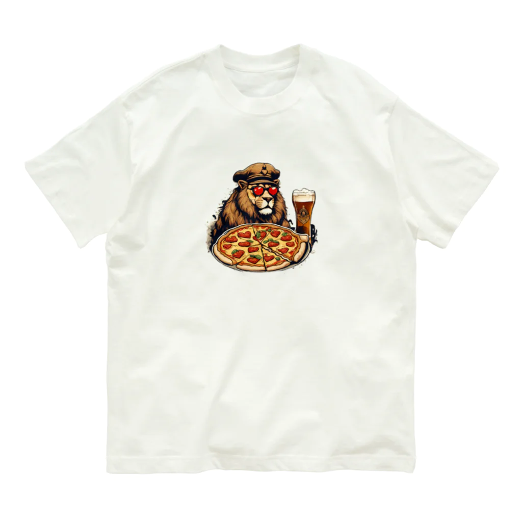 gorillArtの軍曹ライオンが愛するビールとピザ Organic Cotton T-Shirt