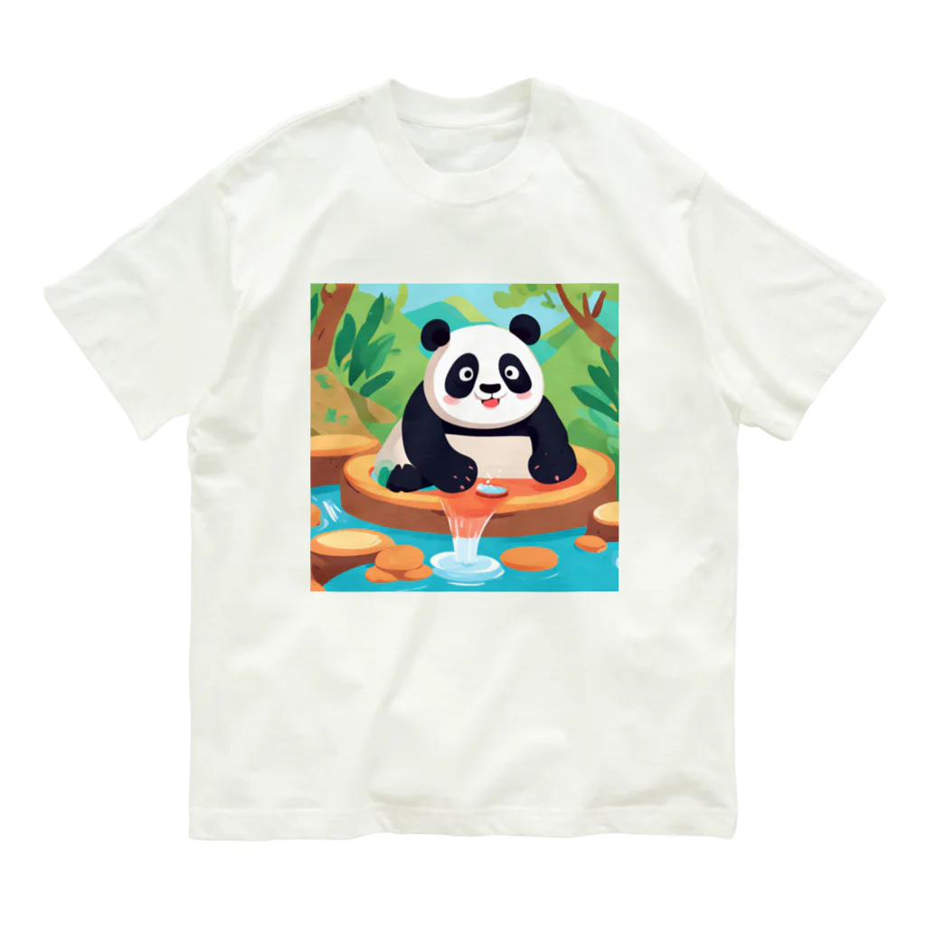 萌えキャラ大好きの温泉を楽しむパンダイラストのグッズ オーガニックコットンTシャツ