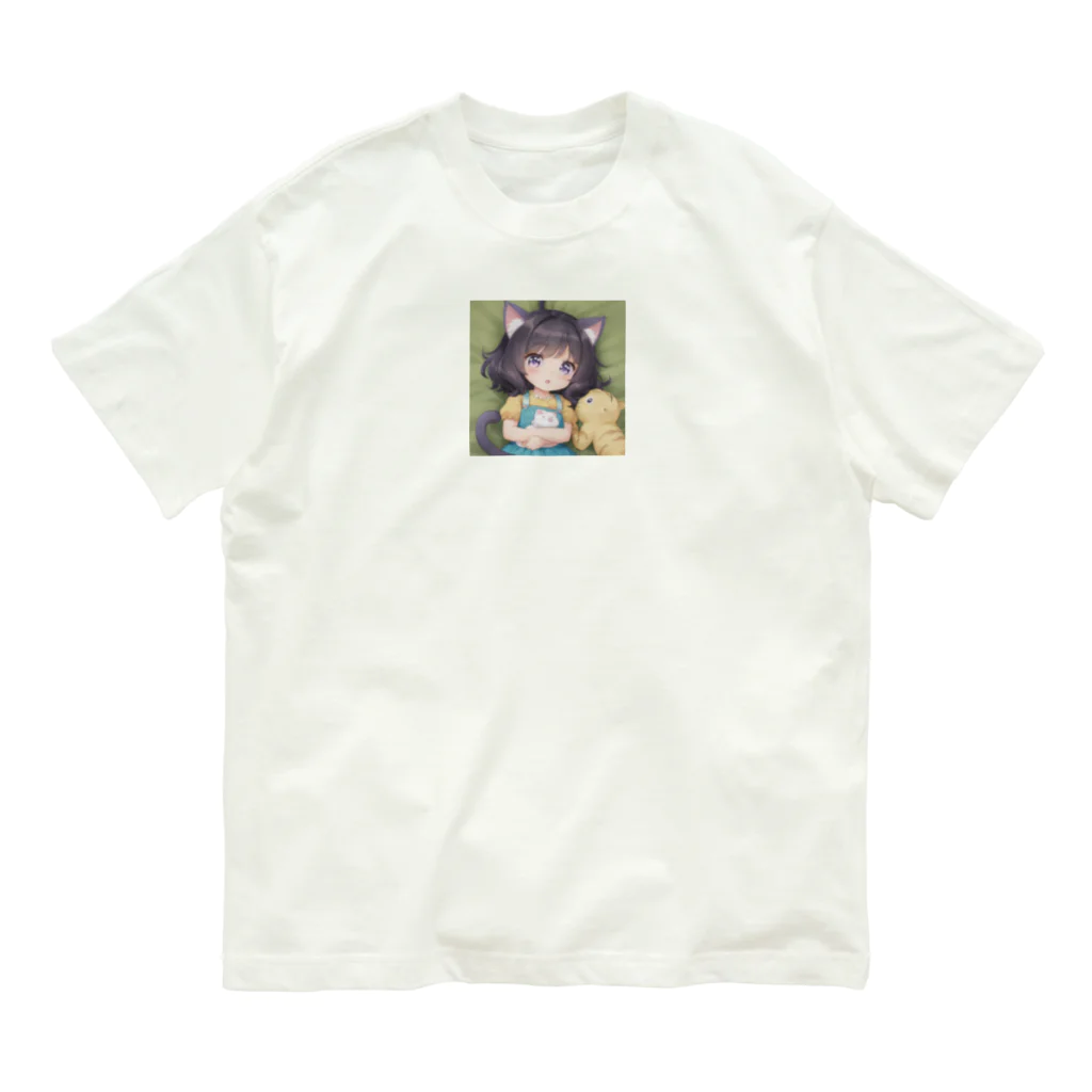 かわいい女の子とシュールな絵のねこ耳幼女 オーガニックコットンTシャツ