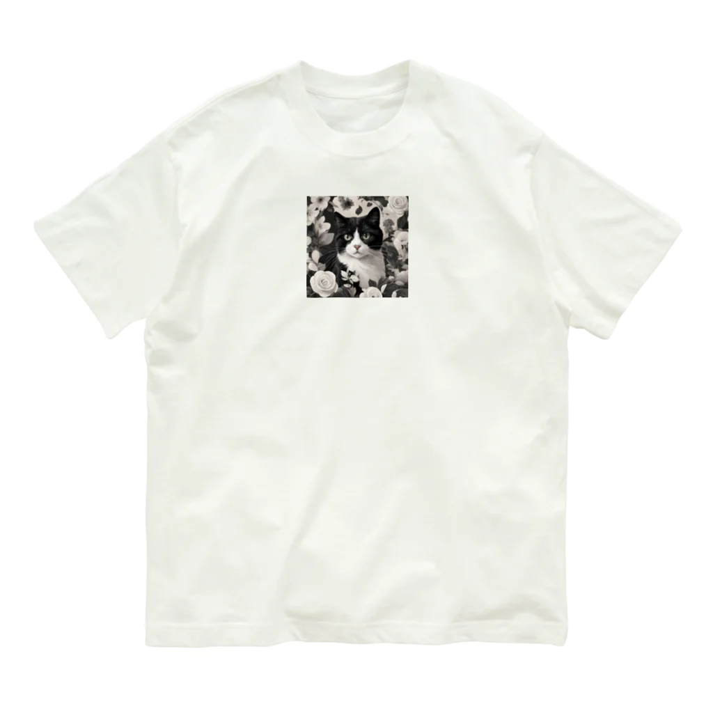capcat1919のハチワレ白黒猫とジャスミン オーガニックコットンTシャツ
