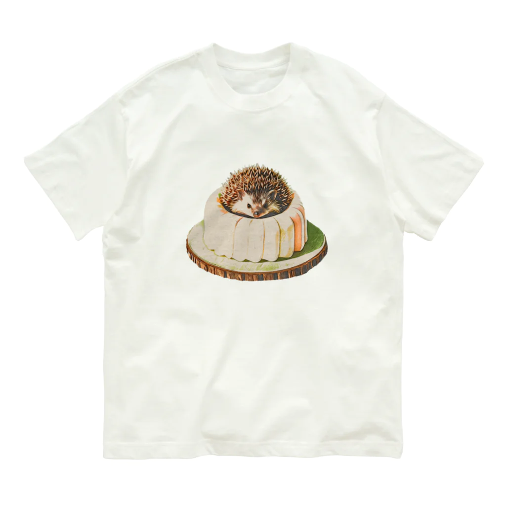 姫とすずり。のケーキ乗りハリネズミ オーガニックコットンTシャツ