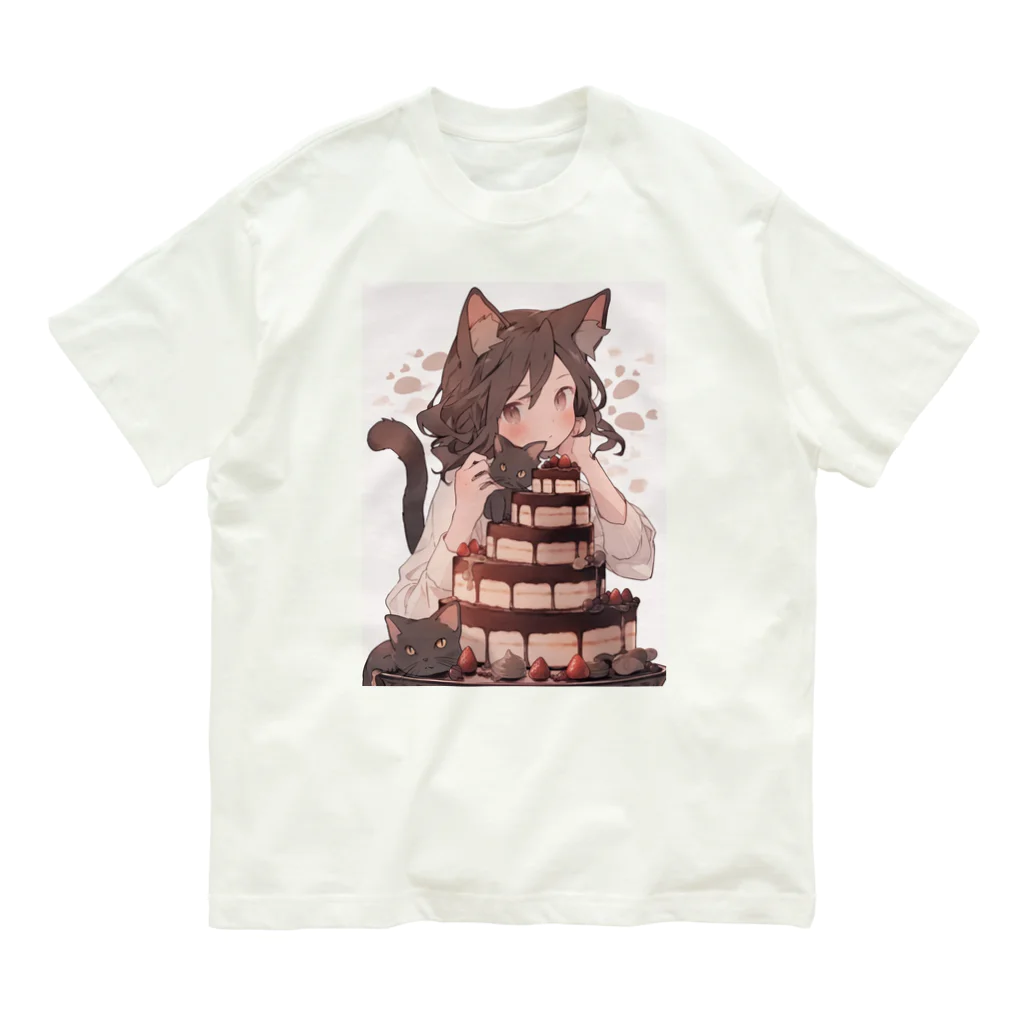 シロクマペンギンのネコちゃんとチョコレートケーキ オーガニックコットンTシャツ