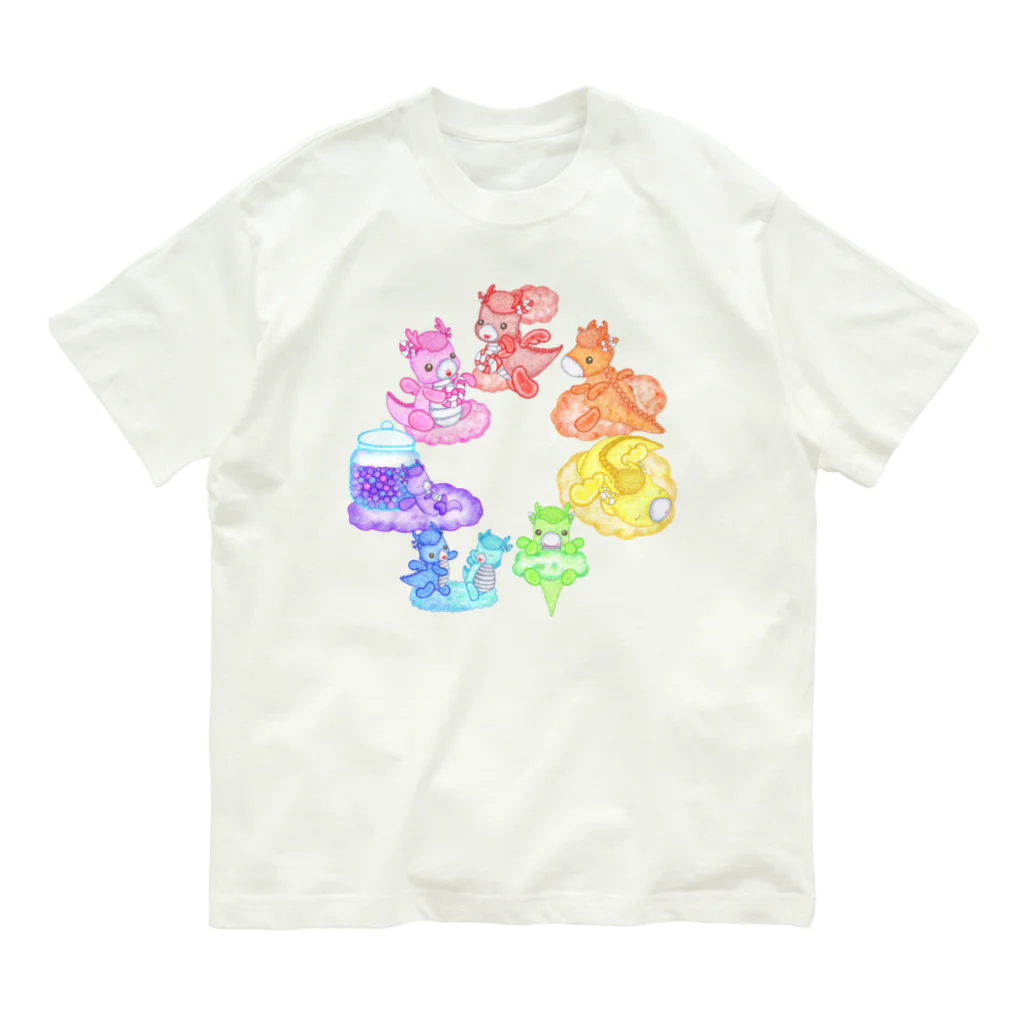 satoayaのアニマルカフェのキャンディードラゴン　虹色 オーガニックコットンTシャツ