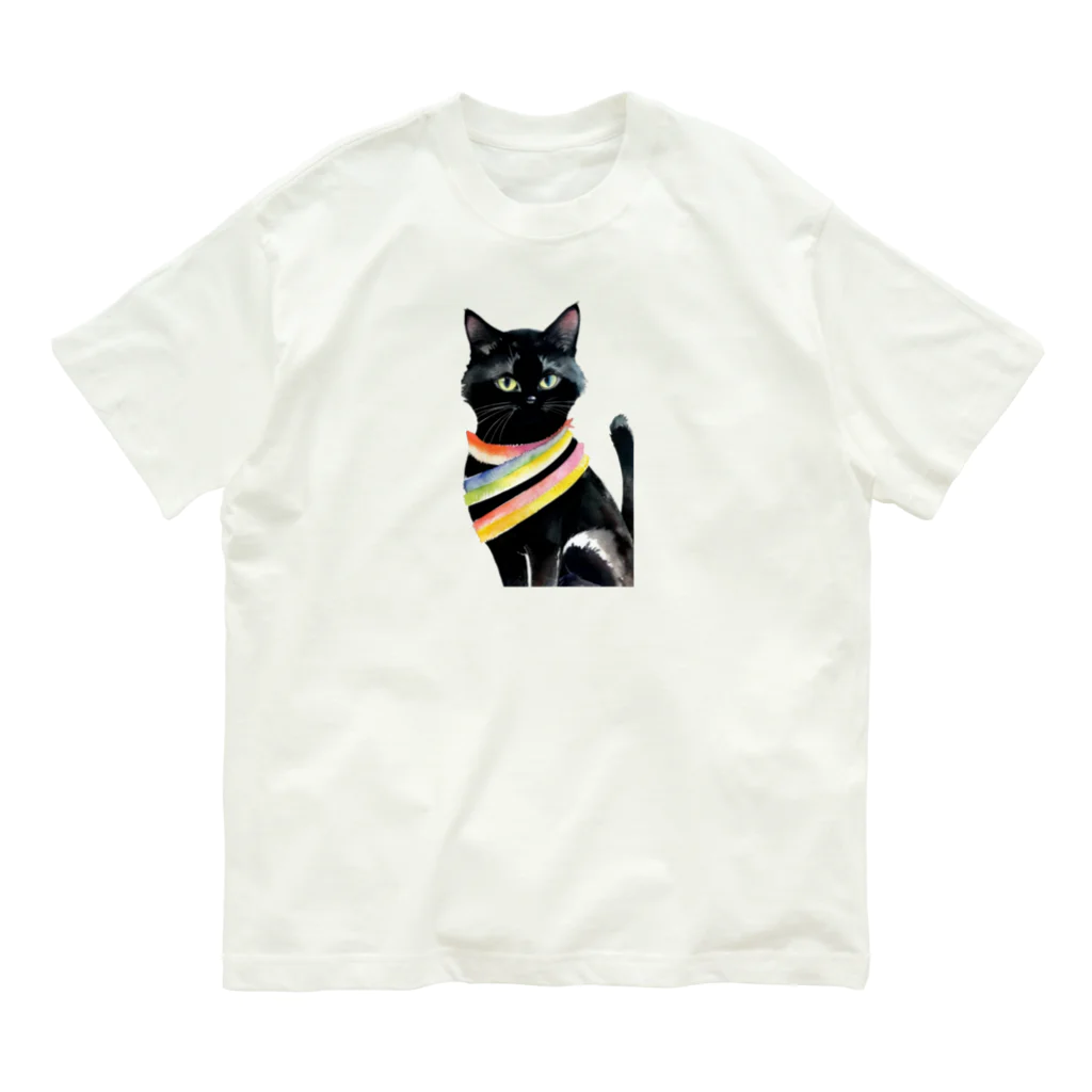 幸運のしっぽの黒猫と虹の首輪 オーガニックコットンTシャツ