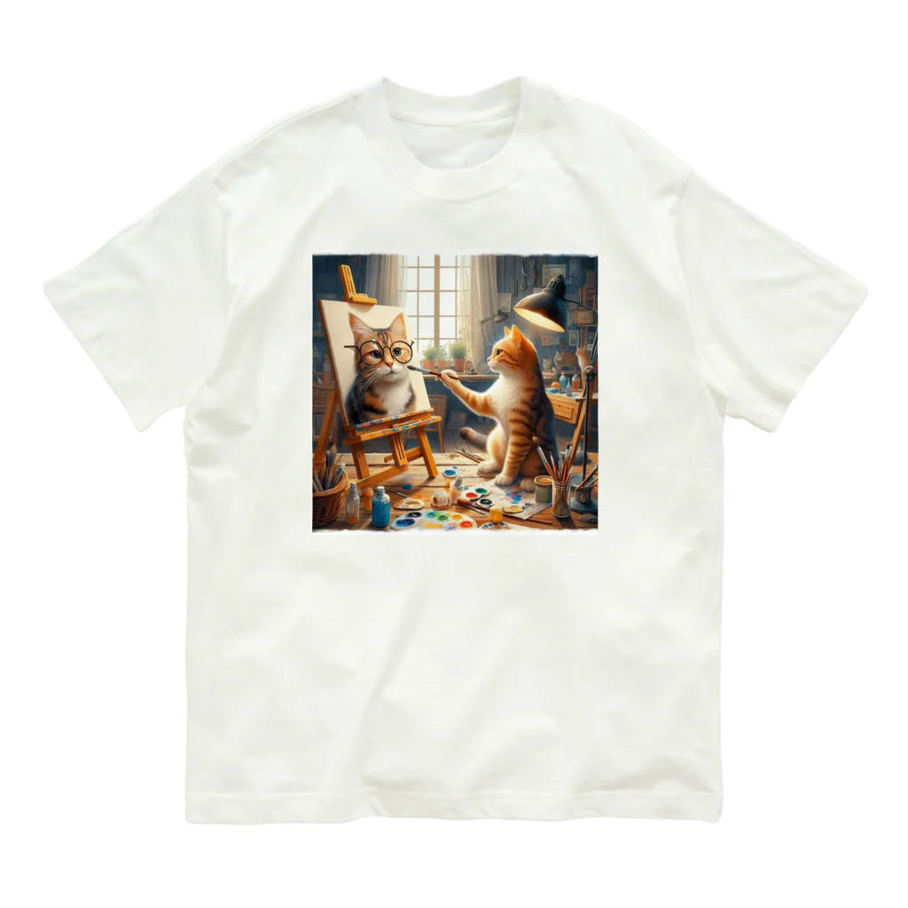 ニャーちゃんショップのネコを描くネコ Organic Cotton T-Shirt