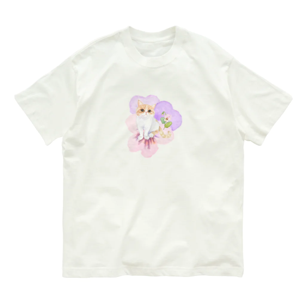 猫が好きすぎる絵描き　キジシマ ミキのエキゾチックショートヘアちゃんとビオラ Organic Cotton T-Shirt