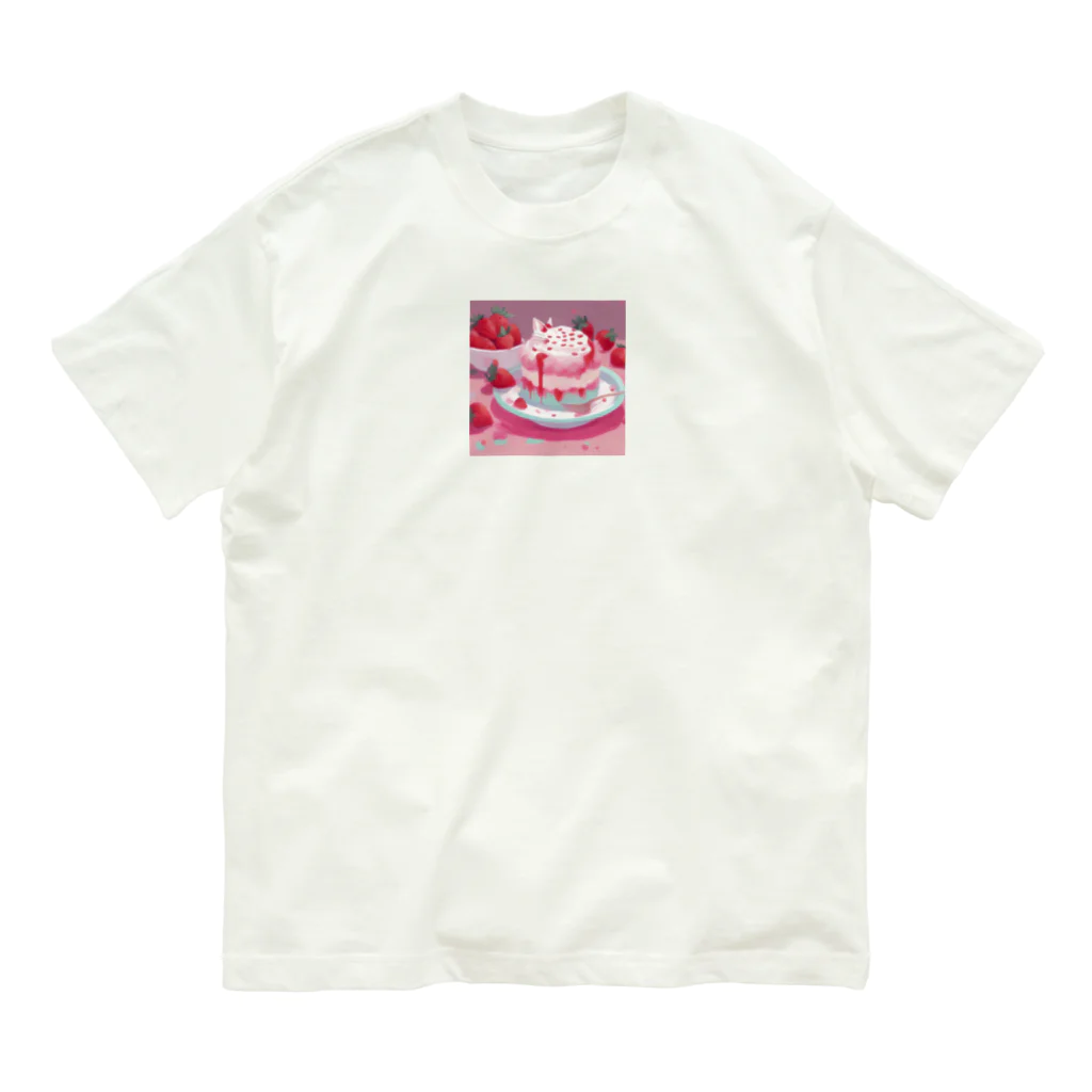 uchakyumaのいちごケーキにネコ オーガニックコットンTシャツ