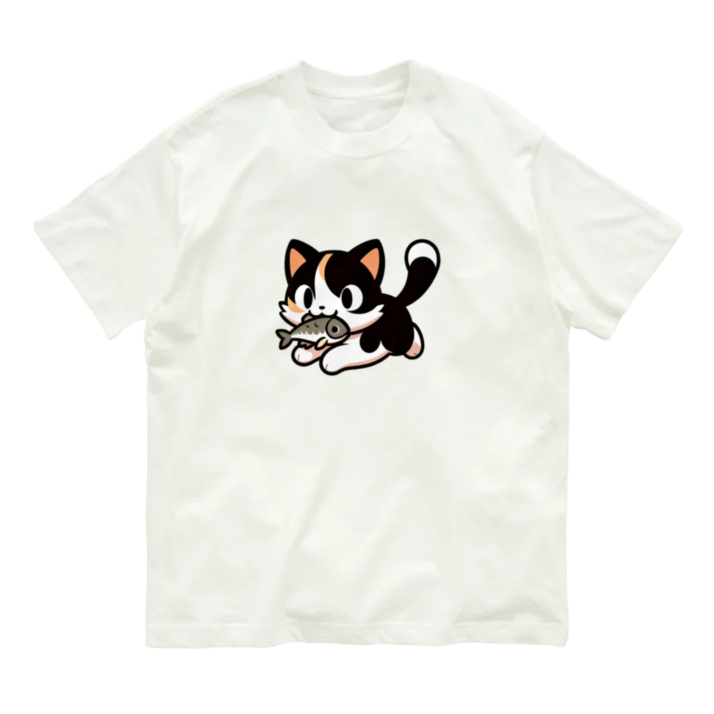 NyanClosetのお魚くわえて走る猫です。 オーガニックコットンTシャツ